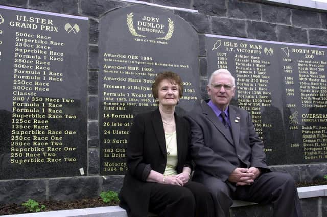 May Dunlop and her husband Willie pictured at the opening of the Joey Dunlop Memorial garden in Ballymoney in 2001