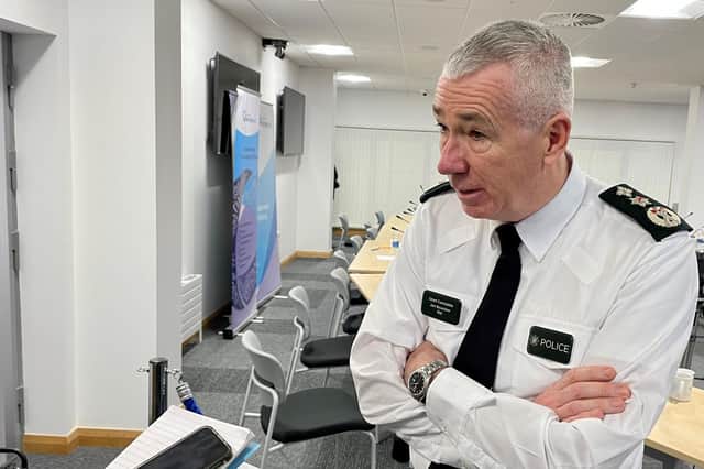 PSNI Chief Constable Jon Boutcher speaks to the media after a meeting of the Policing Board in Belfast on December 7. Photo: David Young/PA Wire