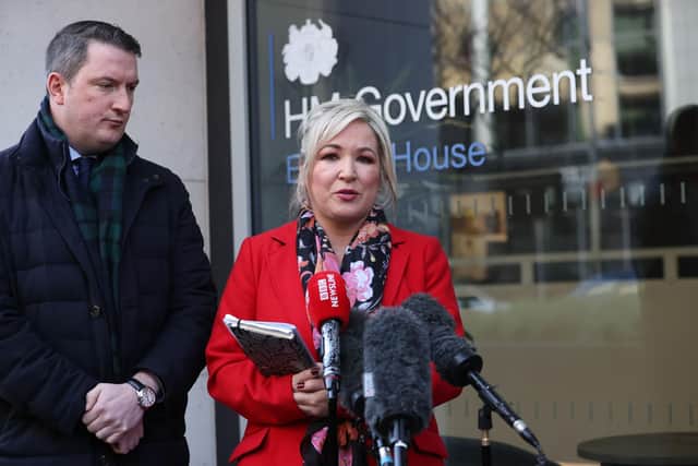 Sinn Fein Vice President Michelle O'Neill, with John Finucane, speaking to the media outside Erskine House, Belfast in Northern Ireland, following a meeting with Northern Ireland Secretary Chris Heaton-Harris in an attempt to resolve issues at Stormont.