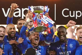 Rangers' James Tavernier lifts the trophy with team-mates after victory against Aberdeen following the Viaplay Cup final at Hampden Park, Glasgow. Picture date: Sunday December 17, 2023. PA Photo. See PA story SOCCER Final. Photo credit should read: Andrew Milligan/PA Wire