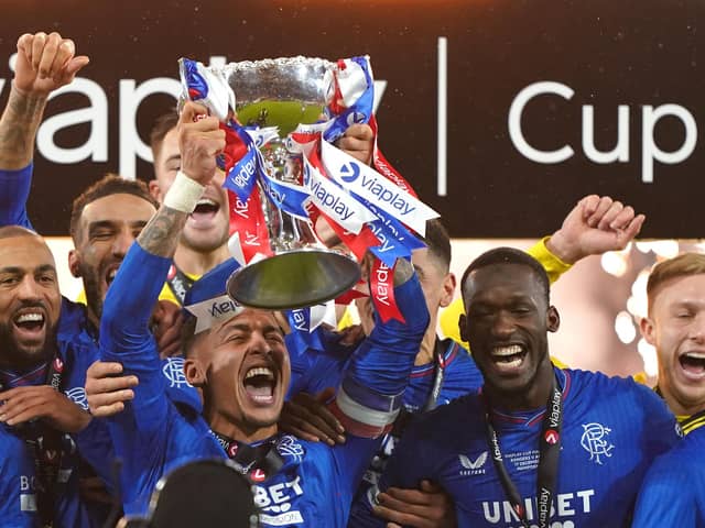 Rangers' James Tavernier lifts the trophy with team-mates after victory against Aberdeen following the Viaplay Cup final at Hampden Park, Glasgow. Picture date: Sunday December 17, 2023. PA Photo. See PA story SOCCER Final. Photo credit should read: Andrew Milligan/PA Wire