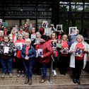 Members of Northern Ireland Covid-19 Bereaved Families for Justice were present outside the Clayton Hotel in Belfast as the Covid-19 Inquiry held its first day of hearings in Northern Ireland