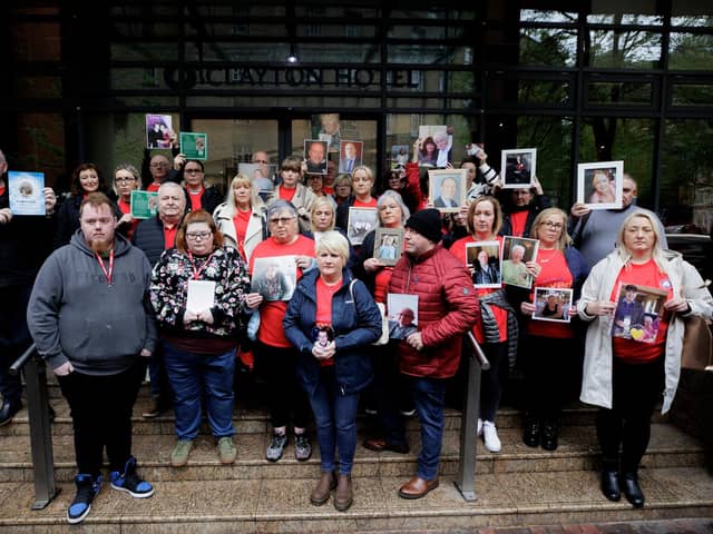 Members of Northern Ireland Covid-19 Bereaved Families for Justice were present outside the Clayton Hotel in Belfast as the Covid-19 Inquiry held its first day of hearings in Northern Ireland