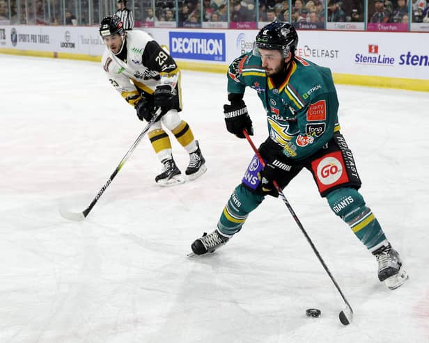 Belfast Giants' Jeff Baum with Nottingham Panthers’ Felix Pare during Friday nights EIHL game at the SSE arena, Belfast.   Photo by William Cherry/Presseye