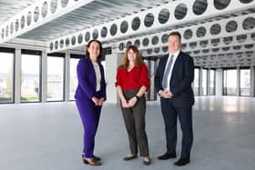 Economy Minister Dr Caoimhe Archibald, centre, is pictured at Invest NI’s new North West Regional Office in Londonderry’s prestigious Ebrington Plaza with Kieran Donoghue, CEO, Invest NI and Aeidin McCarter, head of Regional Business for the North West at Invest NI