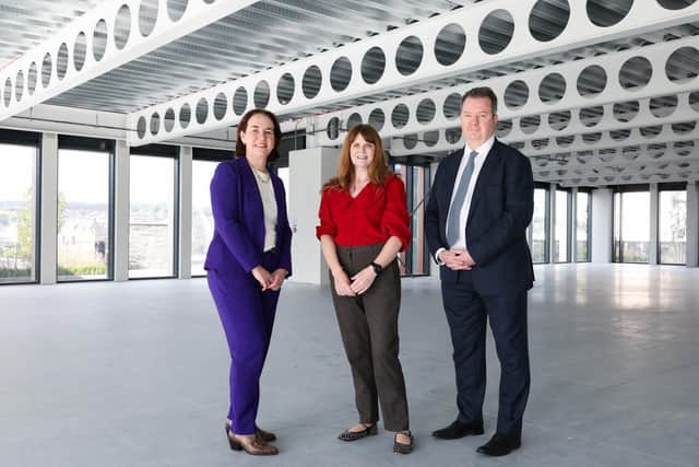 Economy Minister Dr Caoimhe Archibald, centre, is pictured at Invest NI’s new North West Regional Office in Londonderry’s prestigious Ebrington Plaza with Kieran Donoghue, CEO, Invest NI and Aeidin McCarter, head of Regional Business for the North West at Invest NI
