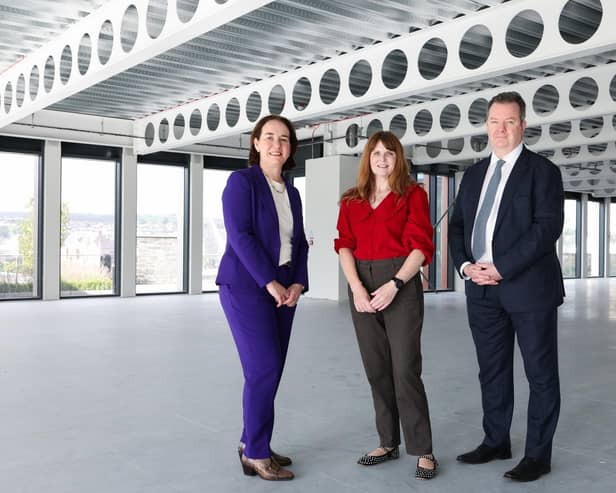 Economy Minister Dr Caoimhe Archibald, centre, is pictured at Invest NI’s new North West Regional Office in Londonderry’s prestigious Ebrington Plaza with Kieran Donoghue, CEO, Invest NI and Aeidin McCarter, head of Regional Business for the North West at Invest NI