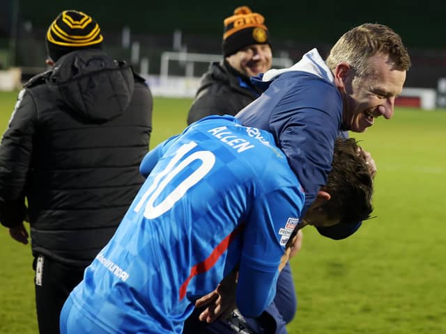 Carrick Rangers manager Stuart King with Curtis Allen after they defeated Glentoran 3-2 last weekend. PIC: INPHO/Jonathan Porter