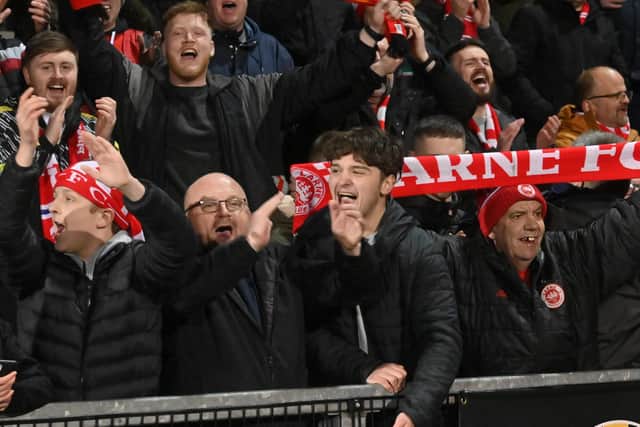 Danske Bank Premiership, Seaview, Belfast 14th April 2023
Crusaders v Larne
Larnes supporters celebrate their first league win
Mandatory Credit ©INPHO/Stephen Hamilton