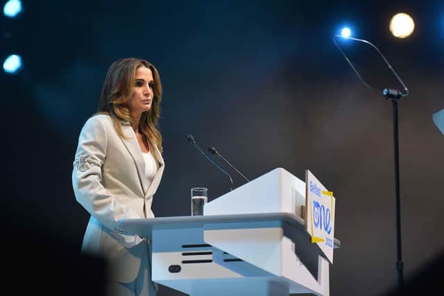 Queen Rania of Jordan at the SSE Arena, Belfast, on Monday night. She said it was a “privilege” to be in Belfast celebrating the 25th anniversary of the Good Friday Agreement
