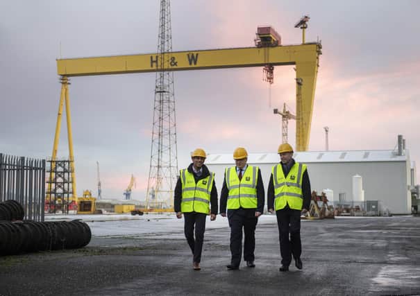 Rishi Sunak, above left, at Harland & Wolff on Friday. He criticised the NI Protocol