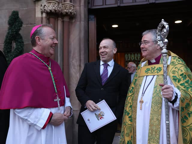 Archbishop Eamon Martin and Archbishop of Armagh, the Most Revd John McDowell, with Northern Ireland Secretary Chris Heaton-Harris at the end of a Service of Thanksgiving in preparation for the Coronation of King Charles III at St Patrick's Cathedral, Armagh.
