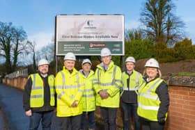 Pictured at the site of the new Camowen development are Rory McLernon, McLernon Estate Agents, Martin Mallon, South Bank Square, Gerry Fearon, Conor Margey, Kieran McKenna (all Fermac) and Pearl McLernon, McLernon Estate Agents. Credit Bradley Quinn