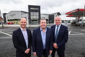 Ballymena-based supermarket, Robinsons has invested £4million in a shop refit and extension which sees the Nisa Extra more than double in size, with support from Danske Bank. Pictured are Peter Houston, head of Danske Bank, North Finance Centre, Finlay Robinson, owner of Robinsons Nisa Extra and Mark Brown, business acquisition manager, Danske Bank