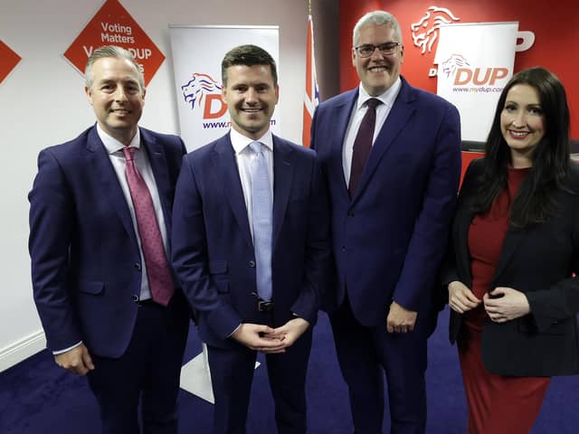 Paul Givan, Jonathan Buckley, Gavin Robinson and Emma Little-Pengelly at DUP headquarters. Photo by Jonathan Porter /Press Eye