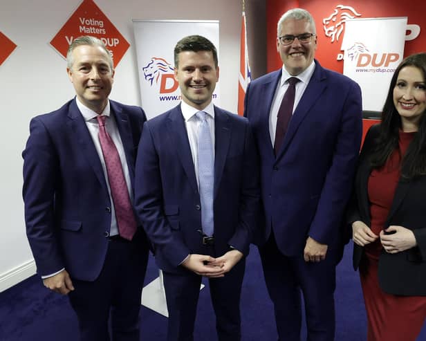 Paul Givan, Jonathan Buckley, Gavin Robinson and Emma Little-Pengelly at DUP headquarters. Photo by Jonathan Porter /Press Eye