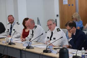 PSNI Chief Constable Simon Byrne (second right) during a Northern Ireland Policing Board meeting at James House, Belfast. Addressing the monthly meeting of his oversight body, Mr Byrne warned of a 'grim' and 'bleak' budget