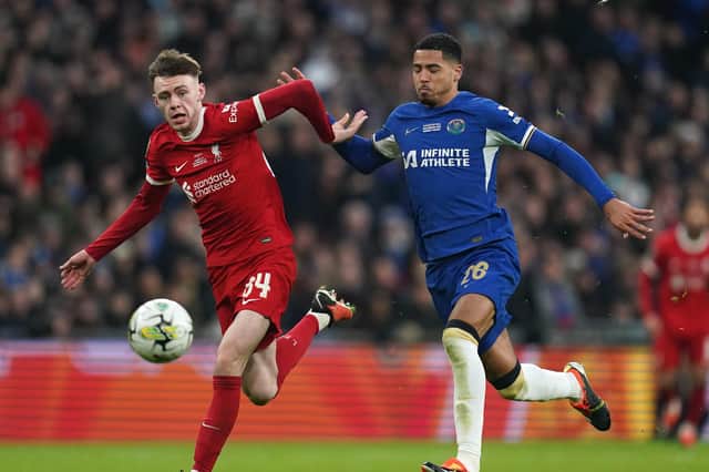 Liverpool's Conor Bradley (left) and Chelsea's Levi Colwill battle for the ball during the Carabao Cup final at Wembley Stadium, London. PIC: Adam Davy/PA Wire.