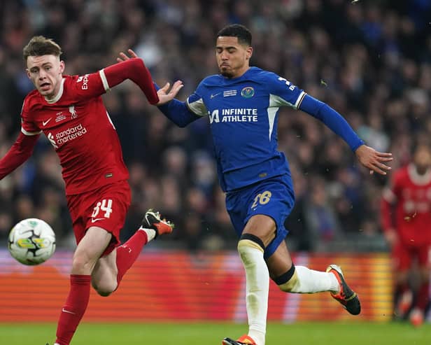 Liverpool's Conor Bradley (left) and Chelsea's Levi Colwill battle for the ball during the Carabao Cup final at Wembley Stadium, London. PIC: Adam Davy/PA Wire.