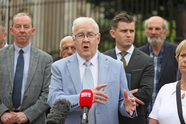Francis McGuigan, one of the 14 Hooded men, speaking to the media in Belfast, after police in Northern Ireland issued an apology to the group who were subjected to controversial interrogation techniques in the 1970s