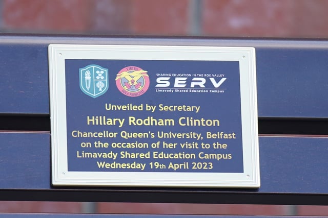 A plaque unveiled by former US secretary of state Hillary Clinton, during her visit to Limavady High School