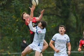 City of Armagh's Dylan Nelson battling against Cork Constitution at the Palace Grounds. (Photo by Andrew McCarroll/Pacemaker Press)