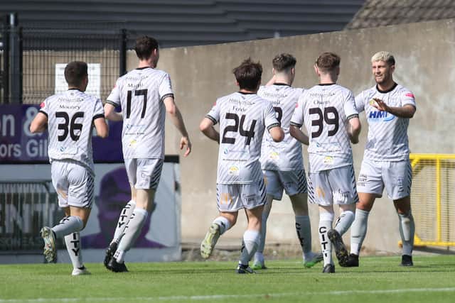 Newry City's Adam Salley scored for a third consecutive match in their 2-0 victory over Ballymena United on Saturday. PIC: INPHO/Presseye/Declan Roughan