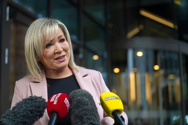 Sinn Fein vice president Michelle O'Neill speaking to the media outside the Grand Central Hotel in Belfast following her meeting with Irish Foreign Affairs Minister and Tanaiste Micheal Martin. The Sinn Fein leader has asked that the EU and UK “close out” on a deal on the protocol as quickly as possible