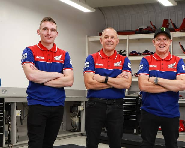 New signing Dean Harrison with Honda Racing boss Havier Beltran and team-mates John McGuinness and Nathan Harrison.
