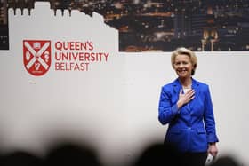 President of the European Commission Ursula von der Leyen at Queen’s yesterday repeated inaccurate statements about Northern Ireland’s GDP doubling during 1998-2023. The Windsor Framework actually reduces Stormont’s ability to adopt appropriate economic development policies. Photo: Niall Carson/PA Wire