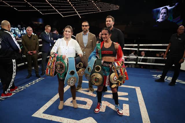 Amanda Serrano and Katie Taylor pose in the ring after her fight against Erika Cruz at The Hulu Theater at Madison Square Garden in New York City on Saturday. (Photo by Al Bello/Getty Images)