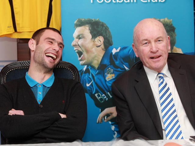 Former Northern Ireland international Gary Hamilton is all smiles during his unveiling as Glenavon boss alongside chairman Adrian Teer
