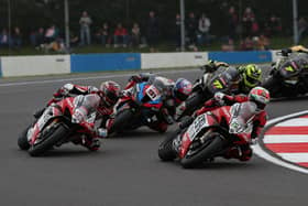 Glenn Irwin (2) leads his BeerMonster Ducati team-mate Tommy Bridewell (46) at Donington Park. Picture: David Yeomans Photography