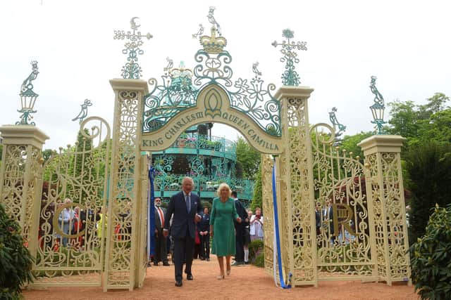 King Charles III and Queen Camilla arrive at the new Coronation Garden in Newtownabbey.