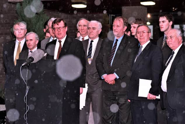 Snow falls as David Trimble, backed by his UUP negotiating team announce that agreement has been signed. David McNarry is on the left. ​When Trimble later moved against Martin Smyth, Jeffrey Donaldson, David Burnside, Arlene Foster, Peter Weir, it was because they had exhausted his patience. Picture Pacemaker