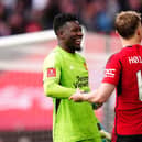 Manchester United goalkeeper Andre Onana and Rasmus Hojlund celebrate after the Emirates FA Cup semi-final win over Coventry City at Wembley Stadium. (Photo by Mike Egerton/PA Wire)