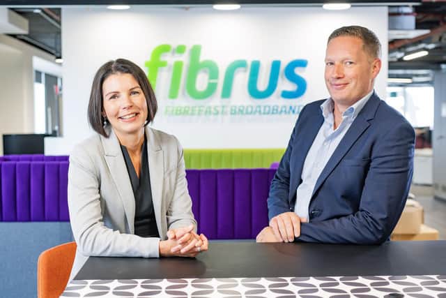 Launching the 2023 Fast 50 call for entries at Fibrus’ offices in Belfast are Aisléan Nicholson, Fast 50 lead partner at Deloitte in Belfast, and Colin Hutchinson, CFO of Fibrus, which made the Fast 50 for the first time last year