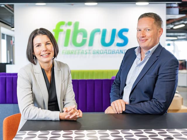 Launching the 2023 Fast 50 call for entries at Fibrus’ offices in Belfast are Aisléan Nicholson, Fast 50 lead partner at Deloitte in Belfast, and Colin Hutchinson, CFO of Fibrus, which made the Fast 50 for the first time last year