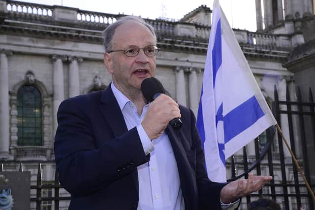 DUP peer Peter Weir addressing the prayer vigil for Israel at Belfast City Hall on Sunday 15 October. Picture By: Arthur Allison: Pacemaker.
