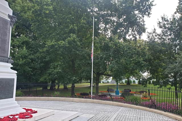 The Union Flag flies 365 days per year on some war memorials in Northern Ireland, such as this one at Lisburn's Castle Gardens.