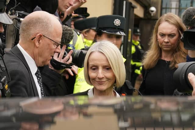 Sir Jeffrey Donaldson's wife, Lady Eleanor Donaldson leaves Newry Magistrates' Court, after appearing to face charges in relation to the same police investigation as her husband. She maintained a respectful, neutral expression in court. Photo: Brian Lawless/PA Wire