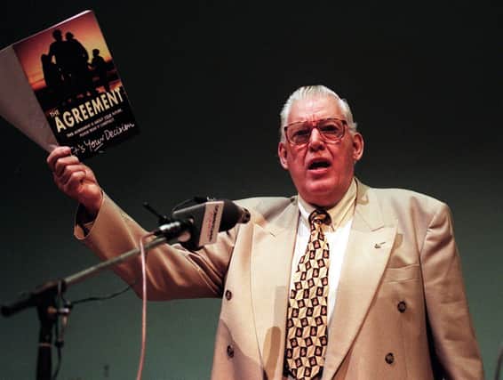 The Rev Ian Paisley holds at an anti-Agreement rally in Larne in 1998. He besmirched the word unionist when he formed the DUP, a fundamentalist party of narrow-minded loyalists. Picture by Stephen Davison/Pacemaker