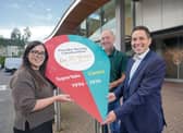 Pictured celebrating 30 years of SuperValu and Centra and SuperValu in Northern Ireland are SuperValu Crossgar customer Kathyrn Ferris, SuperValu and Centra retailer Gabriel Bell and retail sales director David Higgins