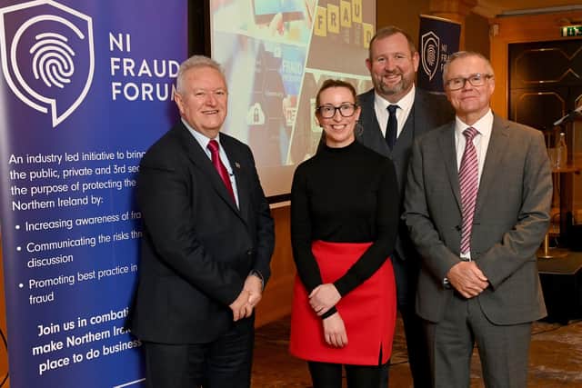 Speakers at the second annual Northern Ireland Fraud Forum Conference held in Belfast today (Wednesday) including Bill McCluggage, chair, Northern Ireland Fraud Forum, Dr Ruth McAlister, head of research, intelligence & training, Harod Associates, Mark Courtney, chief product officer, Cifas and DCI Ian Wilson, head of economic crime unit, PSNI