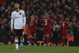 Manchester United's Bruno Fernandes came under fire for his performance in Sunday's 7-0 thrashing by Liverpool at Anfield. (Photo by Matthew Peters/Manchester United via Getty Images)