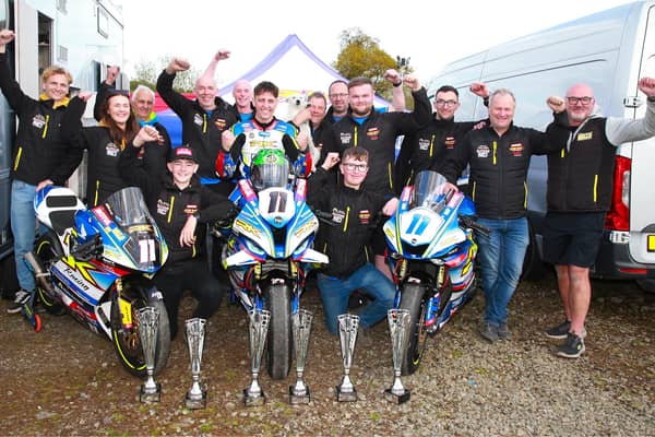 The Burrows Engineering/RK Racing team celebrates Dominic Herbertson's four-timer at the Cemcor Cookstown 100 on Saturday. Picture: Maurice Montgomery
