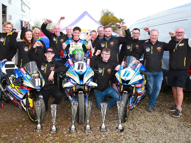 The Burrows Engineering/RK Racing team celebrates Dominic Herbertson's four-timer at the Cemcor Cookstown 100 on Saturday. Picture: Maurice Montgomery
