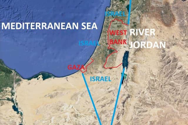 The main body of Israel / Palestine. The Israeli state is marked in blue, and the Palestinian territories in red. The sea and river are marked in white. The whole of Israel, as well as the West Bank and Gaza, sit on land which was once called Palestine.