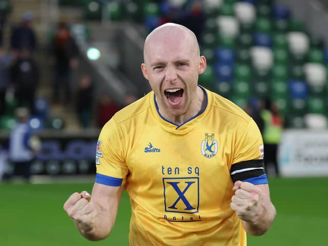 Dungannon Swifts' Dean Curry scored the winning goal in a shock 2-1 league victory over Linfield at Windsor Park. (Photo by Desmond Loughery/Pacemaker Press)