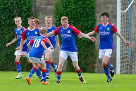 Linfield’s Cameron Kennedy celebrates scoring against Warrenpoint Town at Anderson Park on the opening day of the SuperCupNI. (Photo by Arthur Allison/Pacemaker Press)